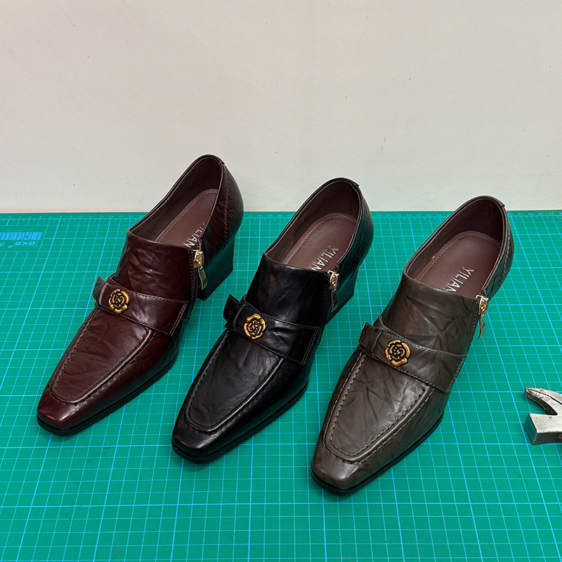 山茶花深口单鞋女真皮春季新款法式复古小方头气质高跟手工皮鞋子,女鞋,深口单鞋,淘宝优惠券,粉丝福利购,淘宝优惠卷