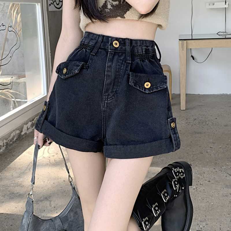美式黑色高腰牛仔短裤女夏外穿薄款小个子a字直筒阔腿超短热裤子
