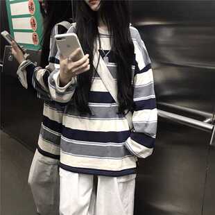 2022春秋季学生韩版宽松百搭打底衫闺蜜装上衣ins潮条纹长袖T恤女