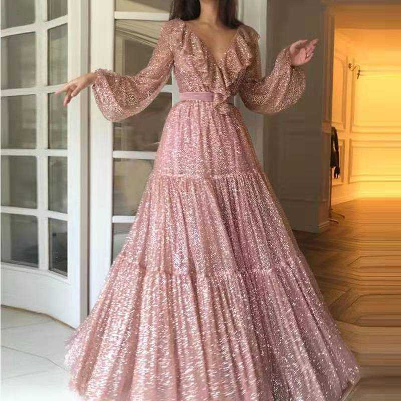 2024夏欧美女装外贸连衣裙 wish性感V领亮片连衣裙大摆晚礼服长裙图片