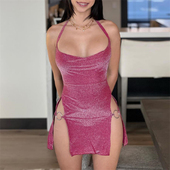 露背镂空挂脖连衣裙短裙 Sexy Bodycon 欧美性感修身 Mini Dress