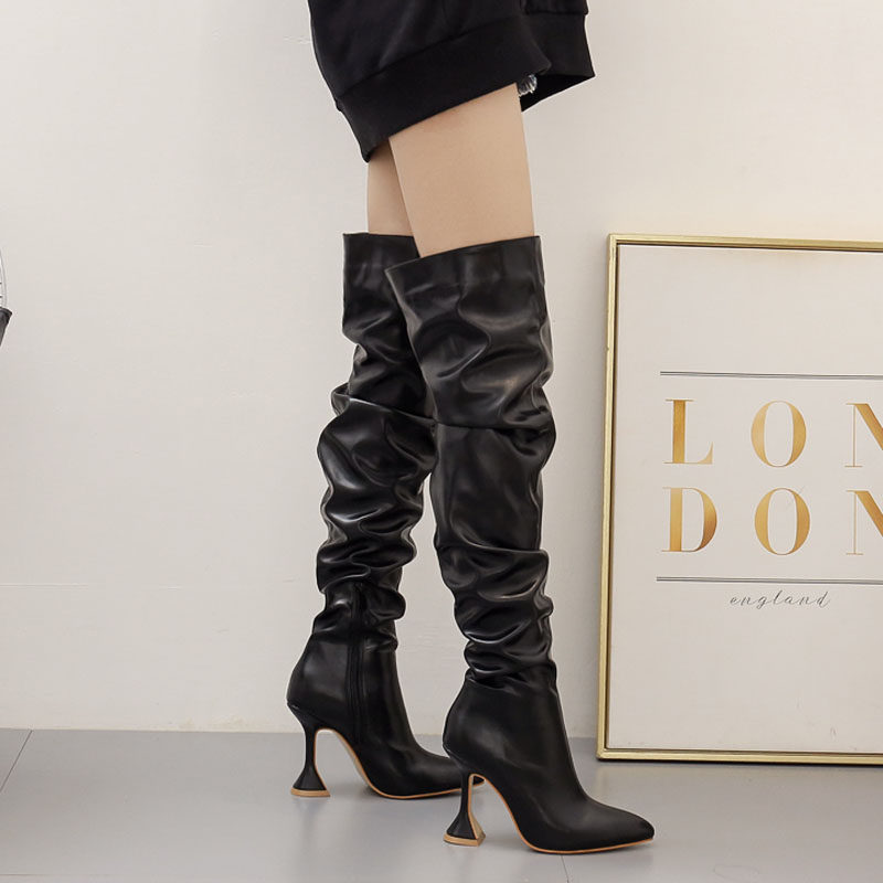 外贸新款修腿显瘦长靴女尖头白色高跟酒杯跟及膝靴 Women Boots