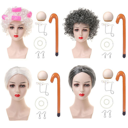 老奶奶假发灰白卷发道具