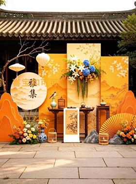 新中式山水屏风仿真花灯笼摆件