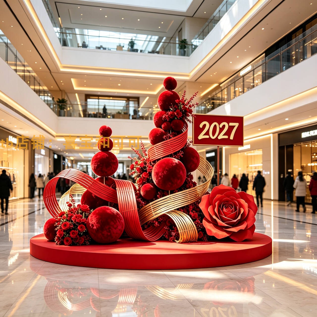 2027新年植绒球花艺缠绕美陈商场中庭售楼部酒店大堂春节打卡布景