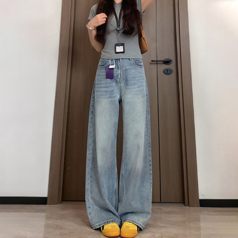 浅色阔腿牛仔裤女春季新款高腰大码胖mm宽松显瘦梨形身材直筒裤子