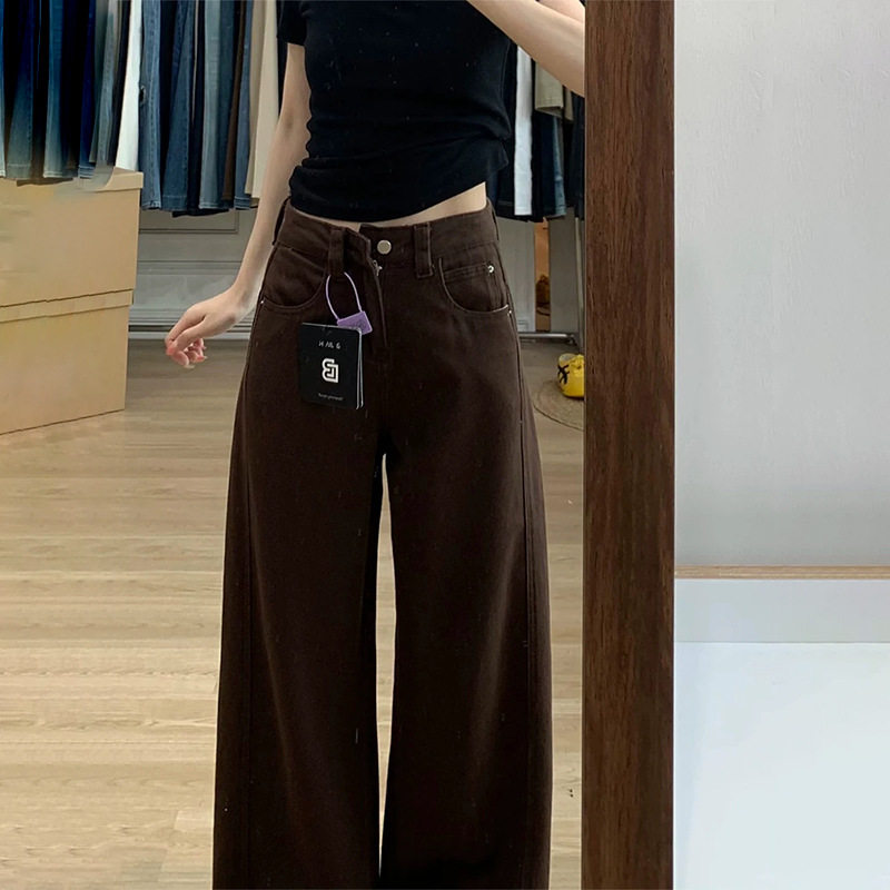 咖色美拉德棕裤子女胖mm大码显瘦阔腿裤小个子弯刀裤棕色牛仔裤秋