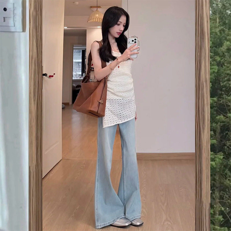浅色微喇牛仔裤女2026春季新款高腰阔腿宽松不贴腿小个子喇叭裤子