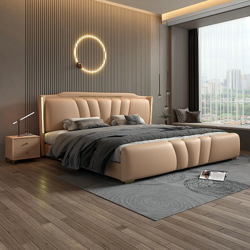 带灯意式现代简约真皮床轻奢高端大气主卧双人床带抽屉高箱储物床