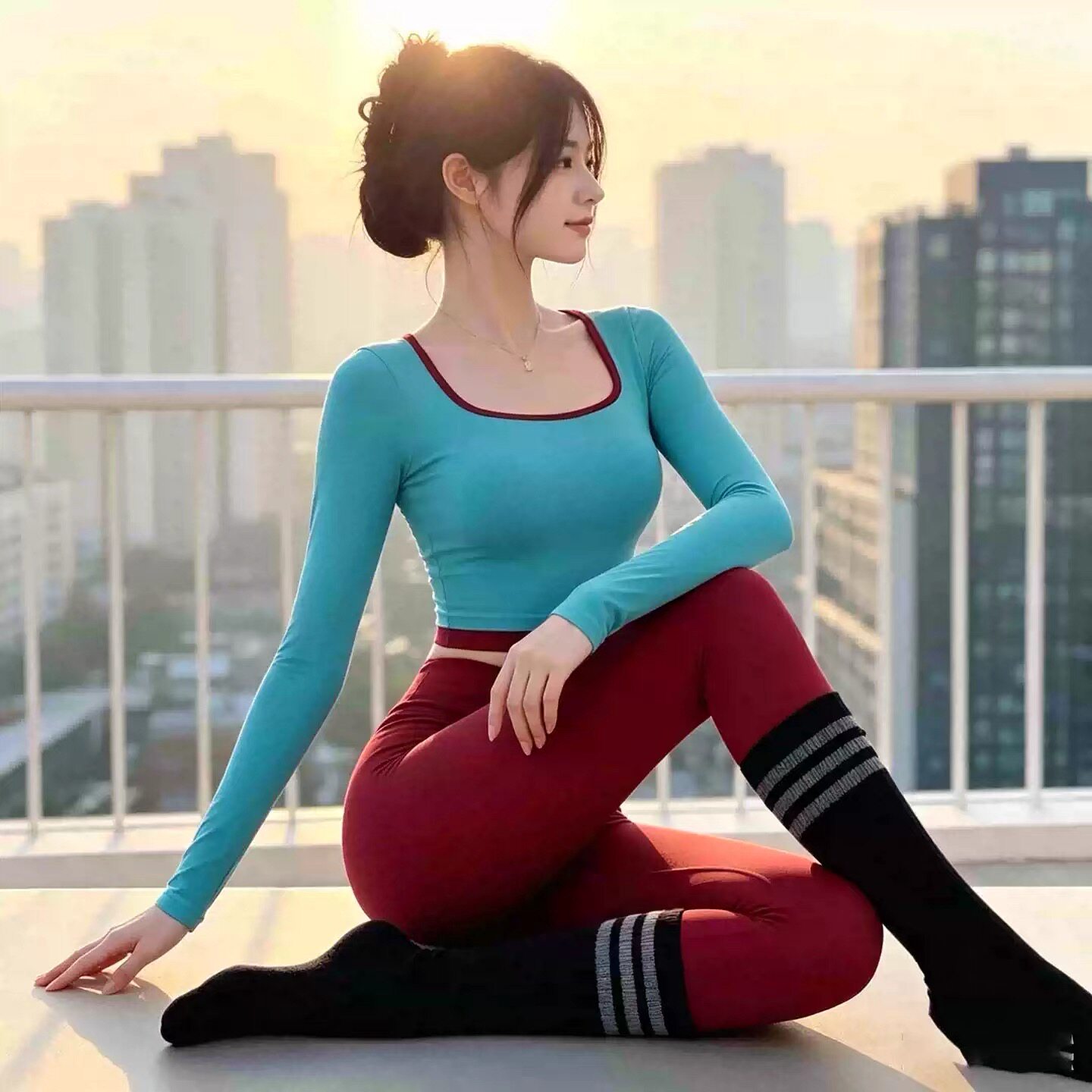 瑜伽服运动上衣秋季长袖紧身普拉提跑步训练服健身衣女长裤套装