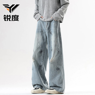 复古美式泼墨牛仔裤2026新款情侣潮流破洞青少年高街直筒阔腿裤子