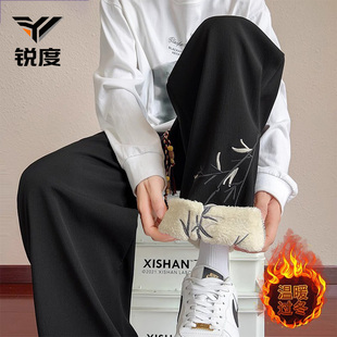 休闲裤 学生国风刺绣直筒卫裤 男冬季 子棉裤 加绒加厚保暖长裤 新中式