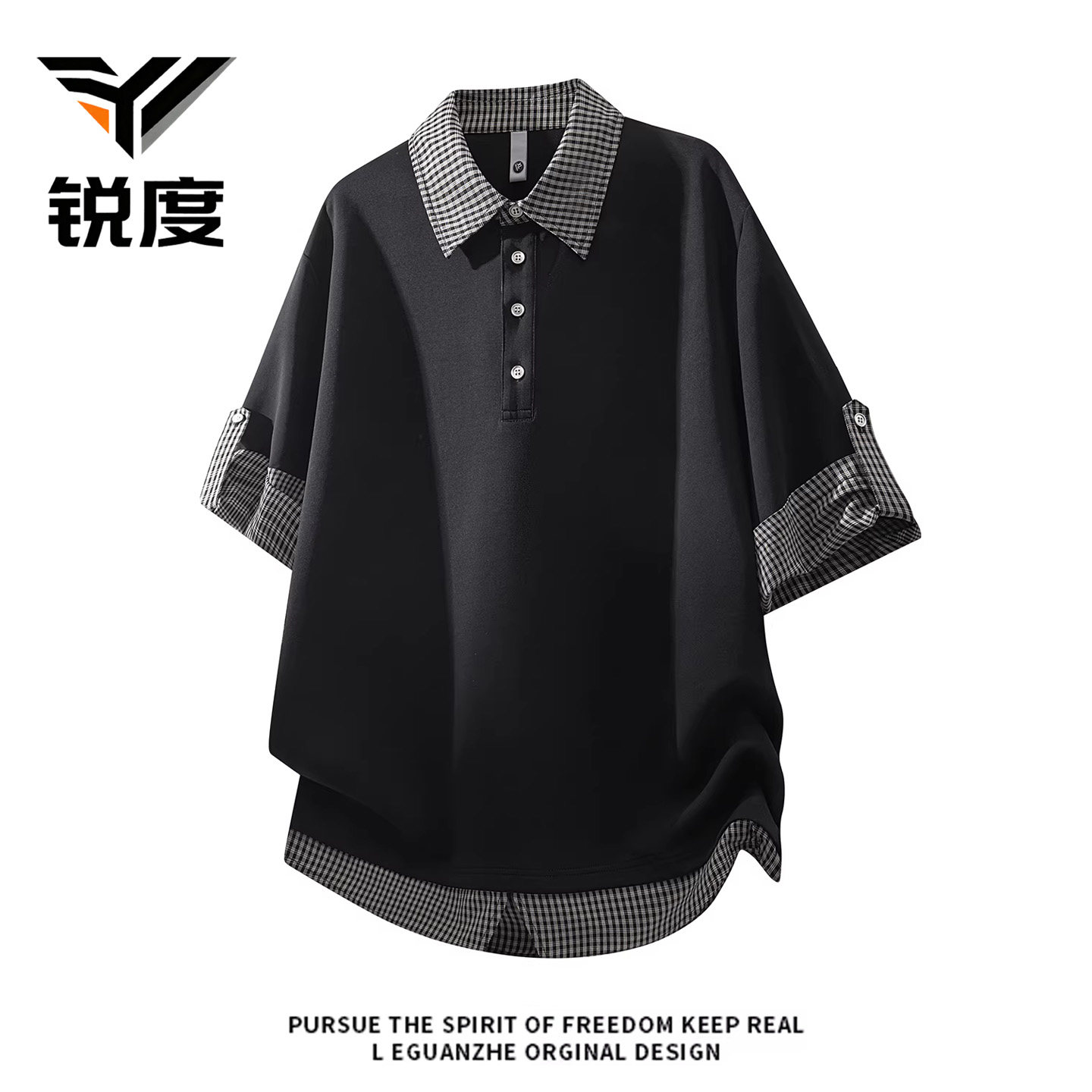 撞色格子拼接假两件POLO衫短大码上装