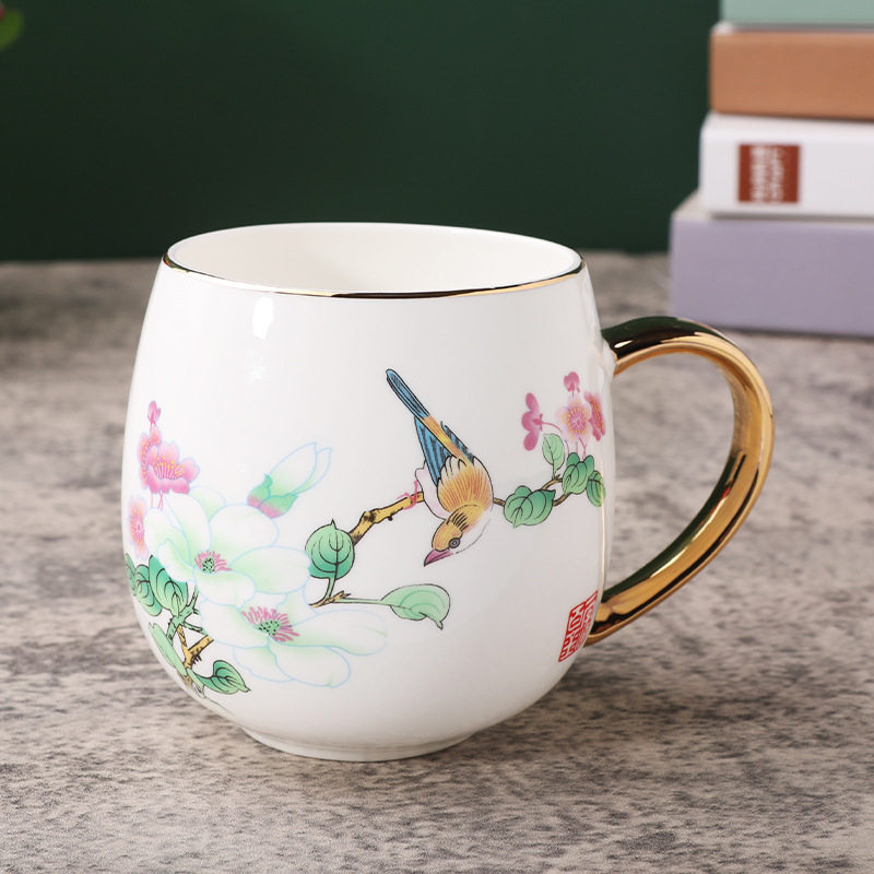 唐山骨质瓷杯马克杯国风创意早餐杯奶茶杯印制logo镶金陶瓷咖啡杯