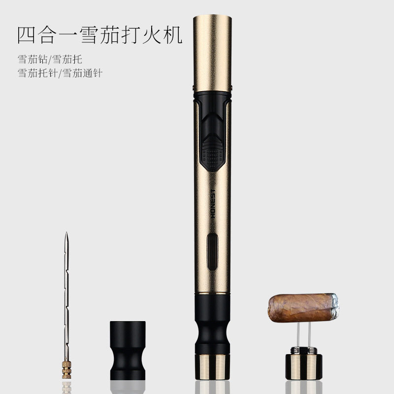 百诚新款多功能雪茄打火机 直冲防风充气便携火机 带通针打孔器