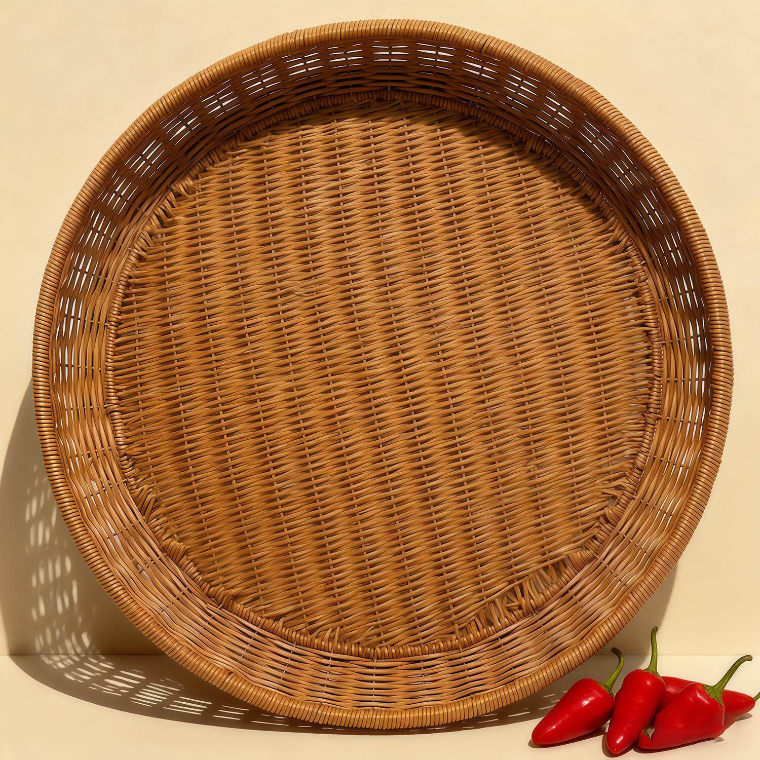 越南手工仿藤编织簸箕晒筐圆形家用晒鱼晾晒菜筛子收纳篮馒头筐