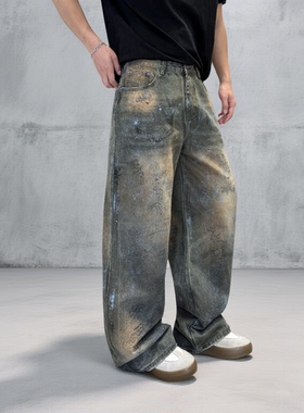 新款潮牌宽松直筒水洗落叶灰色牛仔裤