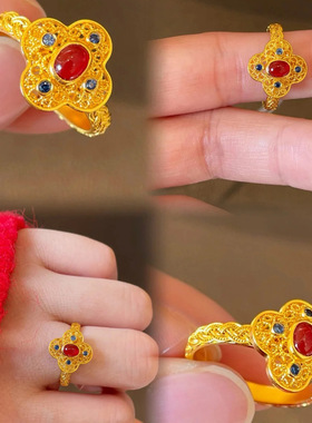 古法金色花丝镶嵌红石仿纯银戒指