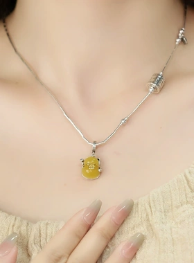 925纯银复古新中式蜜蜡招财猫福字吊坠项链小众民族风护身符项链