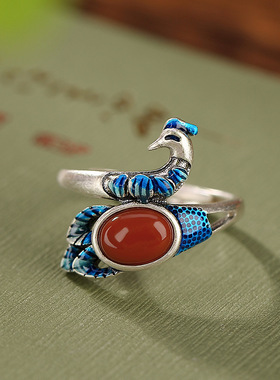 孔雀戒指女开口南红原创凤凰仿925纯银指环民族风个性潮人食指戒