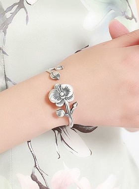 s925纯银荷花荷叶复古民族风手镯