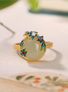 景泰蓝花型和田玉戒指镀金琳琅