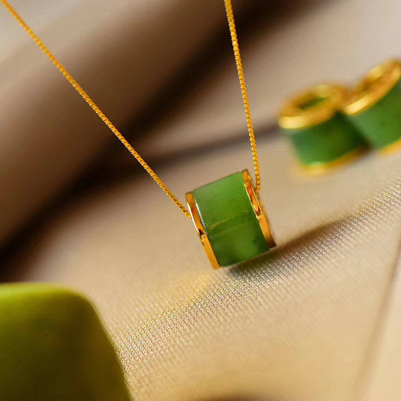 古法金和田玉碧玉S925纯银路路通珠桶珠时尚吊坠锁骨链项链宫廷风