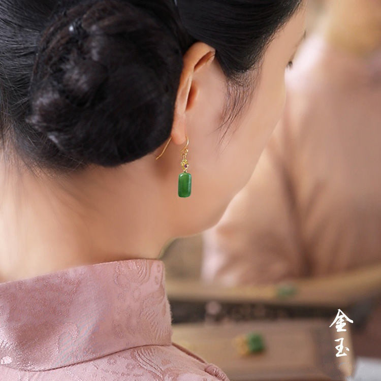 天然新疆和田碧玉小方牌耳坠s925纯银冰底正阳绿平安无事牌耳钩女