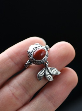 s925纯银锦鲤鱼戒指南红复古开口