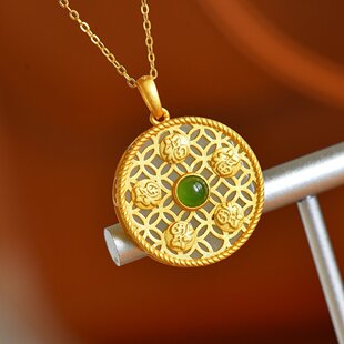 古法金和田玉平安扣吊坠金镶玉平安锁项链女纯银玉石玉坠送妈妈礼