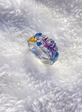 纯银景泰蓝莲花鲤鱼镂空国风戒指