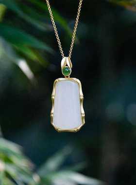 新中式古风竹报平安仿天然和田玉项链纯银玉石无事牌吊坠气质礼物