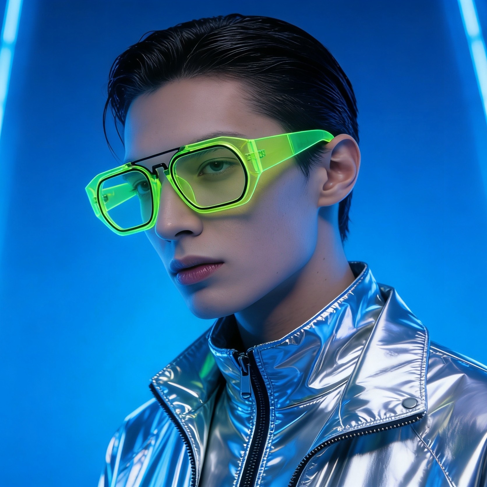 荧光绿色赛博朋克风平光镜防蓝光可配近视小众个性眼镜框架