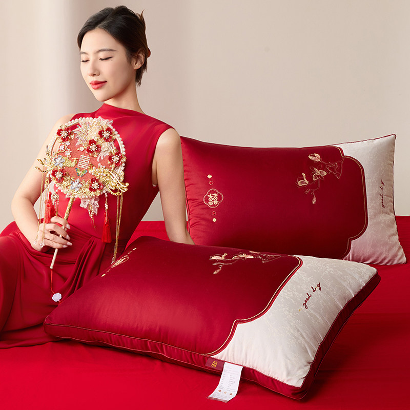 自然醒婚庆枕芯全棉纯棉大红色结婚嫁喜庆新婚陪嫁一对装送礼枕头
