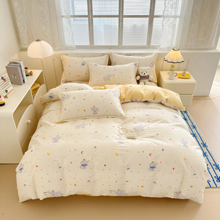 自然醒ins小清新纯棉床上四件套100全棉儿童卡通学生宿舍床单被套