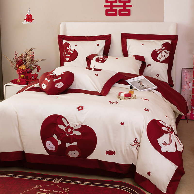 结婚喜庆床上用品四件套婚庆新婚嫁房全棉纯棉大红色床单被套喜被,床上用品,婚庆床品套件,淘宝优惠券,粉丝福利购,淘宝优惠卷