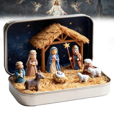 Mini Christmas Nativity Set in Tin Box迷你圣诞圣诞马槽套装