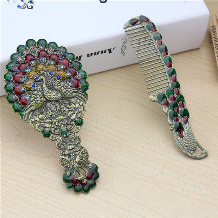 古典民族风孔雀开屏手柄镜 红古铜手持美妆镜 随身便携化妆镜定制