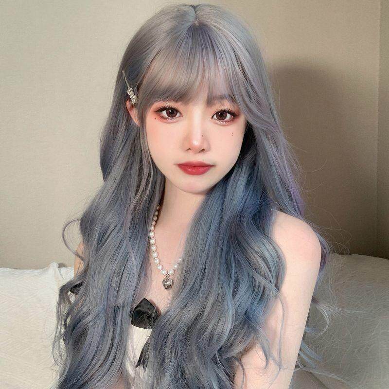 渐变蓝色大波浪长卷发紫色洛丽塔奶奶灰粉色挑染全头套式女仿真发