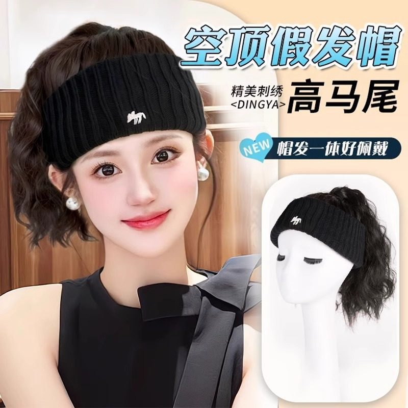 假发帽子一体女时尚秋冬小狐狸发带空顶帽短卷发高马尾假发全头套