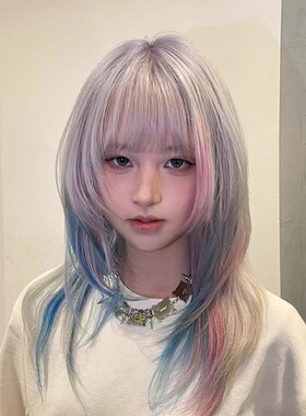 假发女独角兽粉蓝色渐变锁骨发y2k网红亚文化高层次短直发全头套