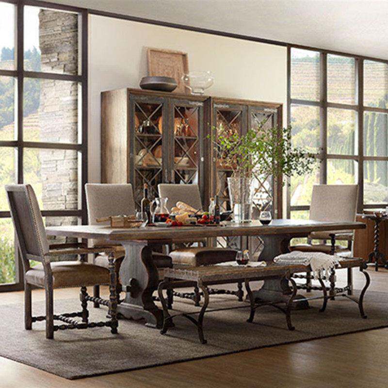 法式复古实木别墅样板间长方形饭桌 美式乡村家用客厅餐桌椅组合