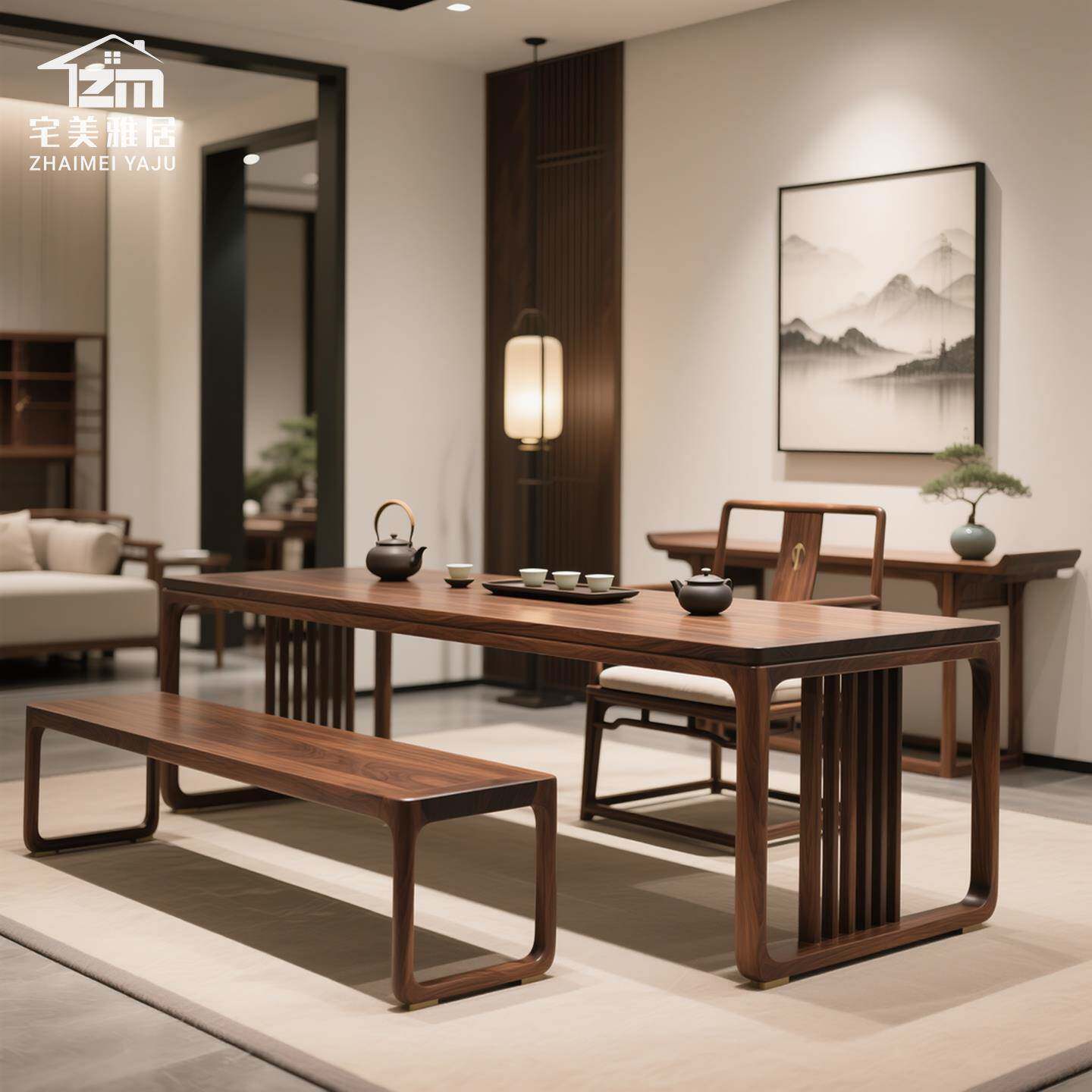 新中式北美黑胡桃木茶桌简约禅意茶楼功夫茶艺桌家用实木茶台定制