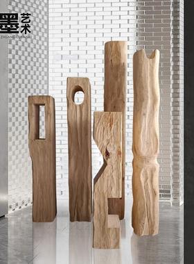 侘寂风实木墩底座中古风柱子雕塑台客厅茶室玄关落地民宿复古摆件