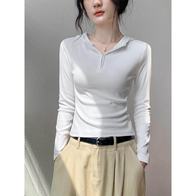 白色连帽拉炼长袖t恤女2026春秋新款修身显瘦内搭卫衣打底衫上衣