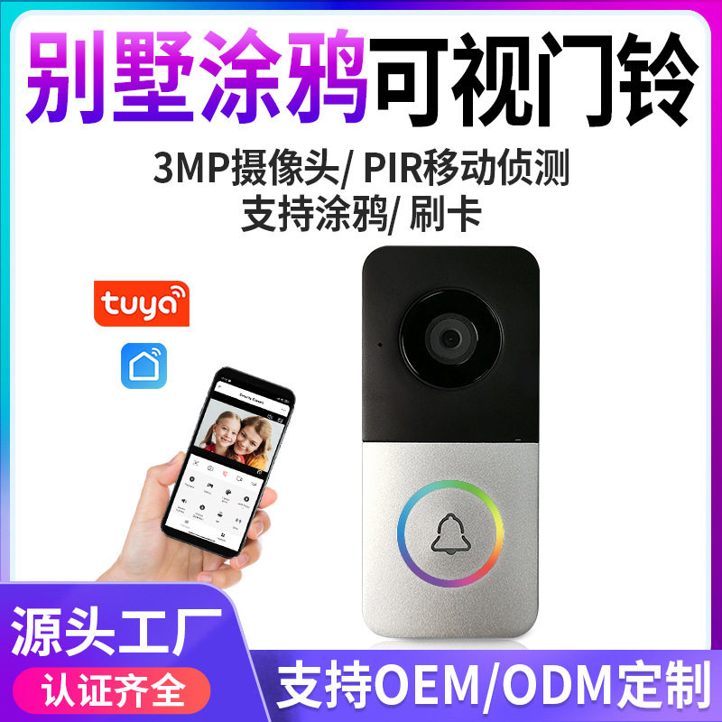 三色灯按键300万像素摄像头/带PIR移动侦测/涂鸦APP可视对讲门铃