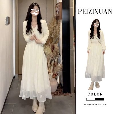 法式v领长袖连衣裙子女秋冬季2024新款小个子高级感气质收腰长裙