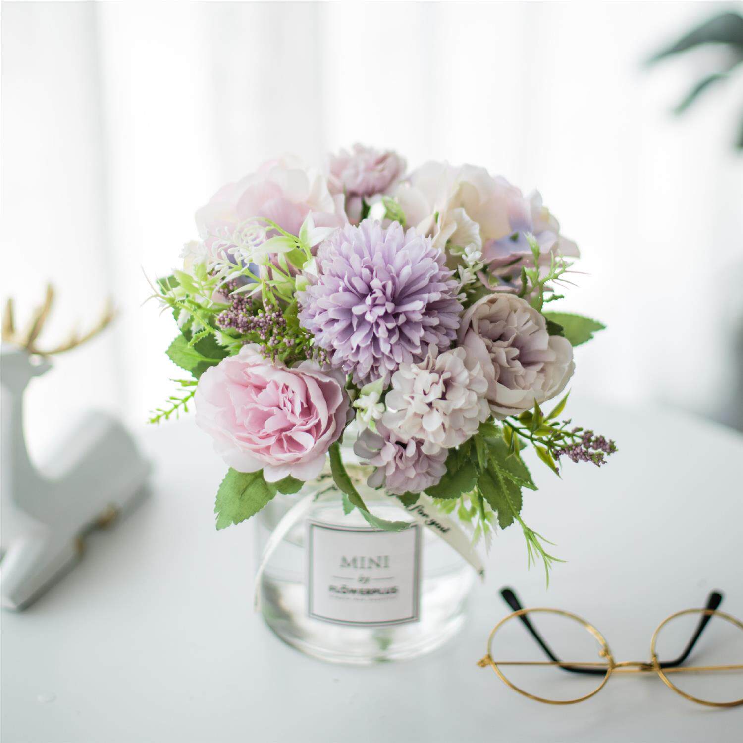 仿真花套装假花玻璃花瓶玫瑰花 仿真植物盆栽家居装饰摆件假花盆