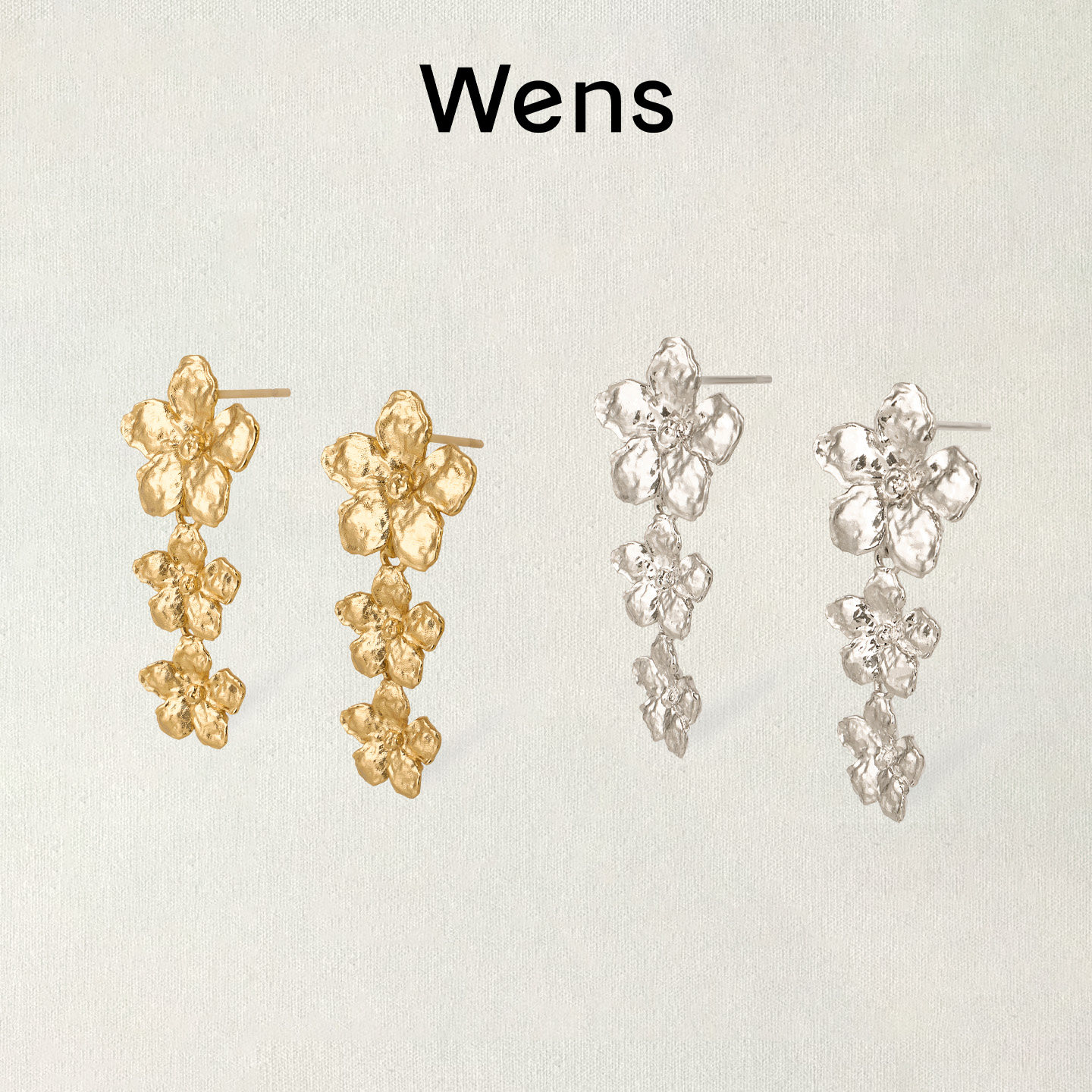 Wens花神繁花耳环女立体花朵度假金银色长耳饰圆方脸小众气质饰品