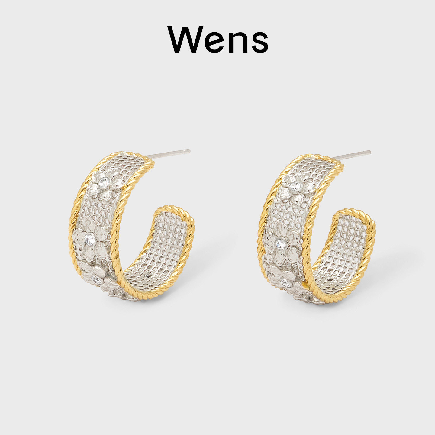 Wens花园系列镶钻编织耳圈女金银双色原创设计师轻奢气质百搭耳环